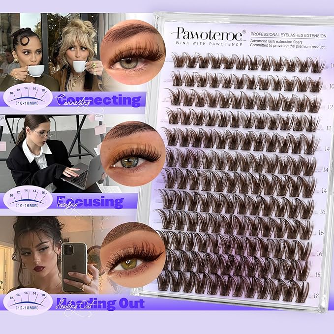 Pawotence Brown Lash Clusters Wispy Cluster Eyelash Extensions 10-18mm Individual Lashes DIY Cluster Lashes Extension Soft Brown Eyelash Clusters with Thin Band