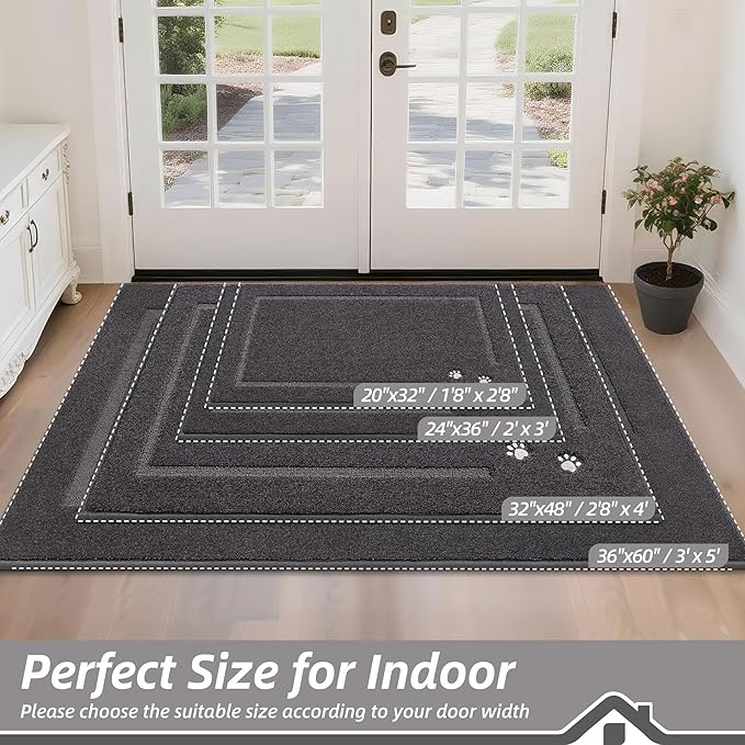 BEQHAUSE Dog Door Mat for Mud Paws Dirt Trapper Doormat Non-Slip Entryway Rugs Absorbent Welcome Mat Washable Indoor Floor Mat Low-Profile for Front Door, 32" x 48", Dark Grey