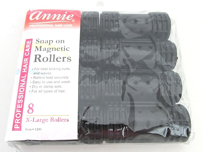 Annie Snap-On Magnetic Hair Rollers – X-Large 1 1/8 Inch with Locking Snap-Over Hood – Secure Hold No Pins Needed – Black, 8 Count