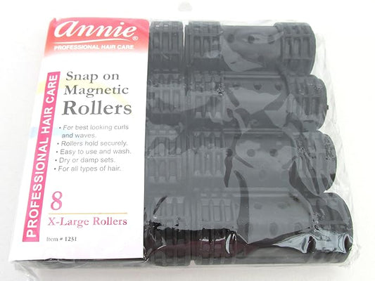 Annie Snap-On Magnetic Hair Rollers – X-Large 1 1/8 Inch with Locking Snap-Over Hood – Secure Hold No Pins Needed – Black, 8 Count