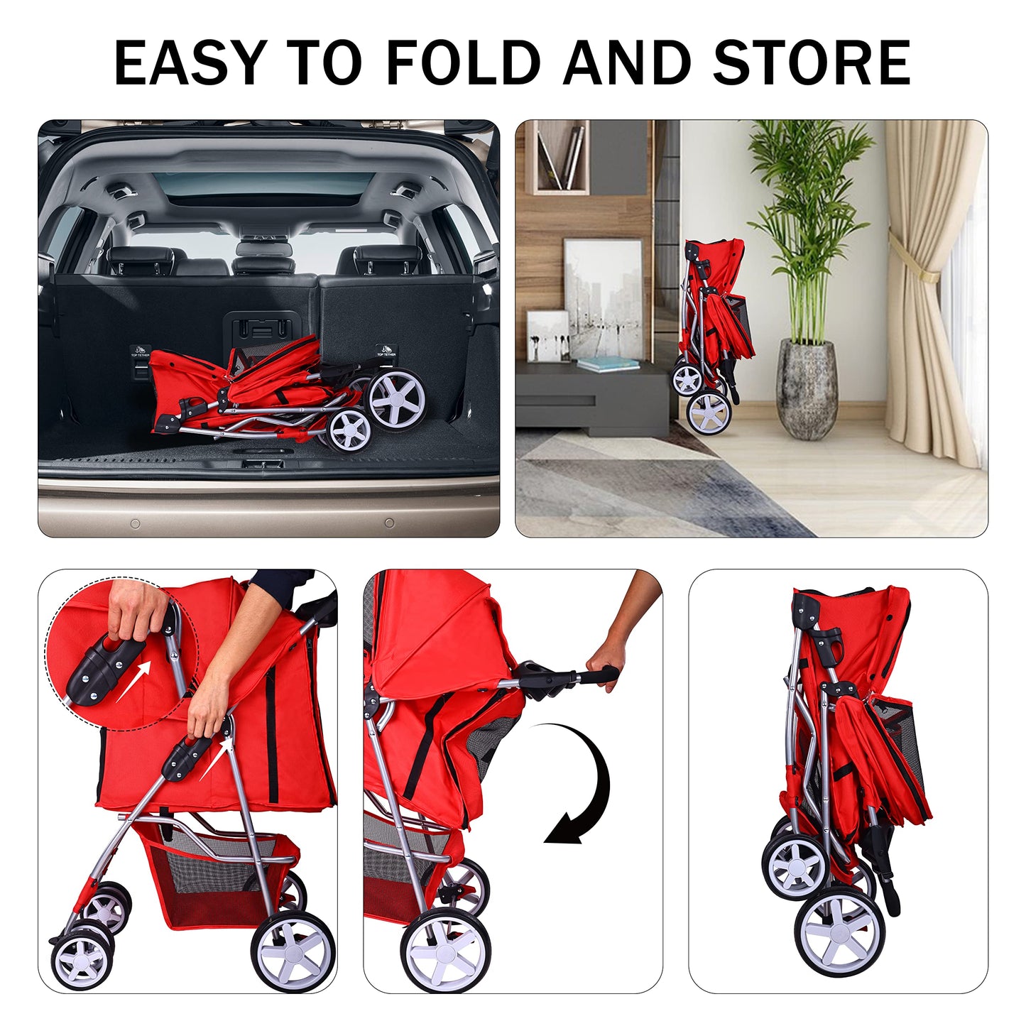 Elevon Pet Stroller, 4 Wheels Multifunction Dog Cat Stroller, Folding Portable Travel Stroller with Detachable Carrier, Suitable for Medium Small Dogs Cats, Red