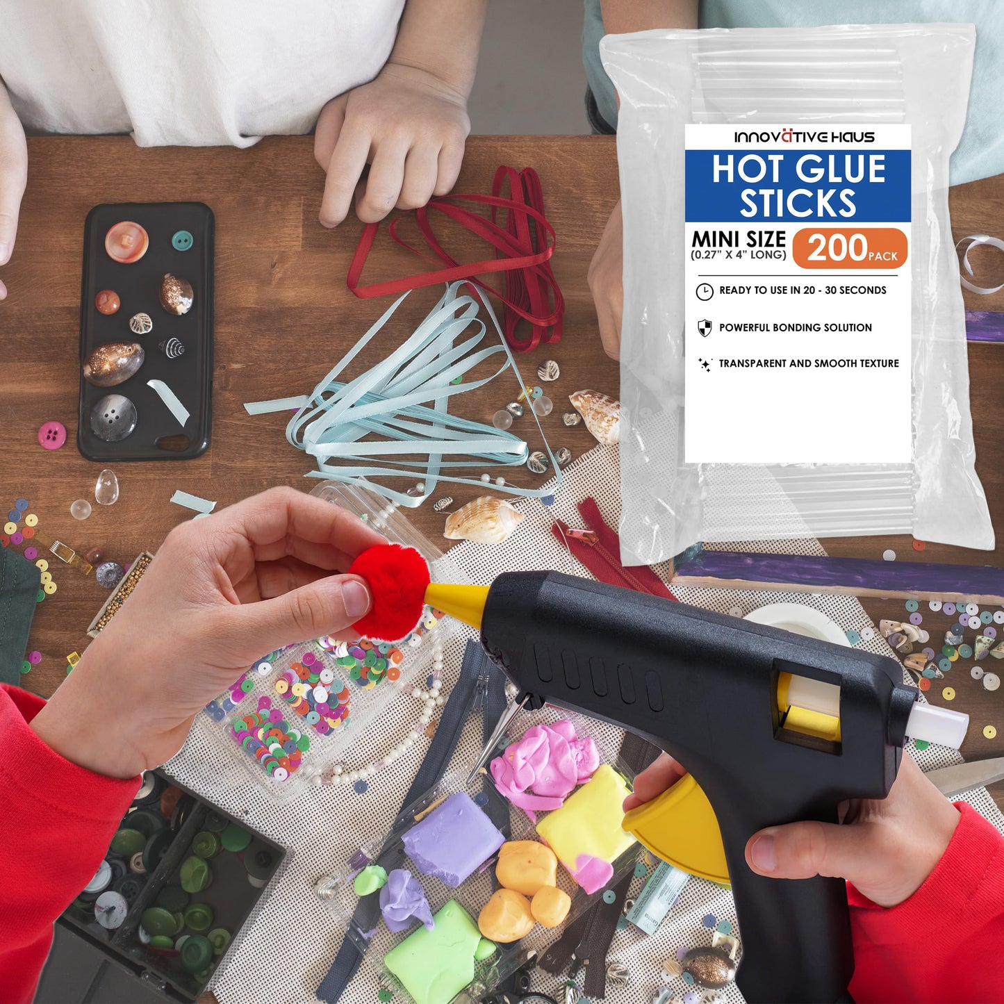 Innovative Haus Mini Hot Glue Sticks (200 Pack) - Fits Mini Glue Guns, 4" x 0.27" - Craft, Bond, Create on Wood, Metal, Glass and More - Transparent, Strong and Quick-Drying