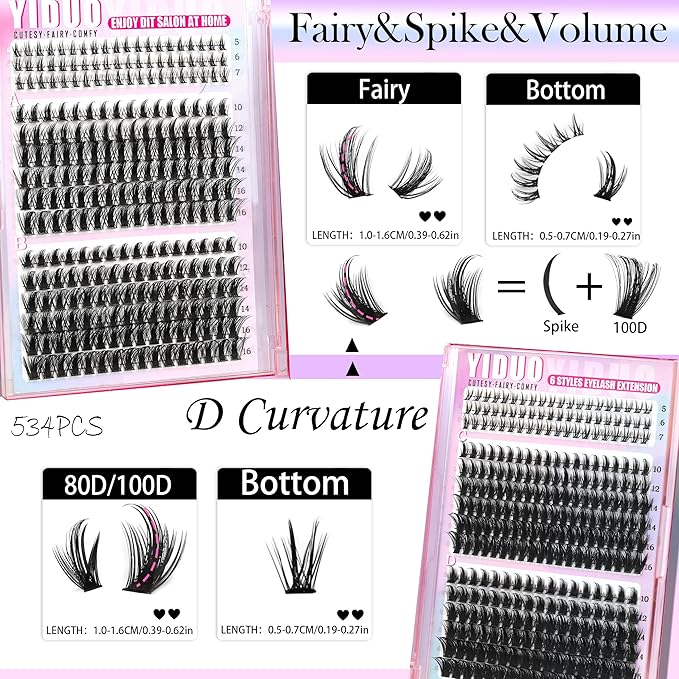 YIDUO Manga Lash Clusters Kit 40D+60D+80D+100 Fairy Spikes+Bottom Clusters Lashes Extensions Kit with 2X Bond and Seal 1094 Pcs 8-18mm Wispy Individual Eyelash Cluster Kit DIY at Home Easily