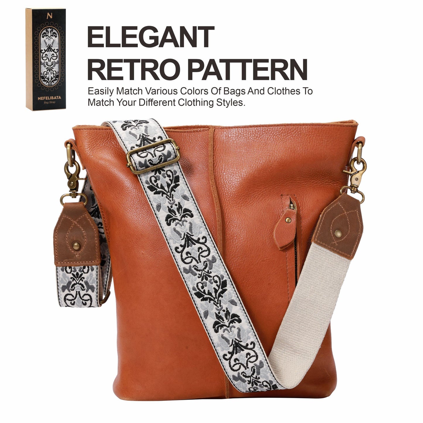 Nefelibata Purse Strap, 2" Crazy Horse Leather End Shoulder Strap Adjustable Replacement,Retro Jacquard Embroidery Multi-pattern Crossbody Bag Straps for Handbag,Crossbody Bags(Light gray jacquard)