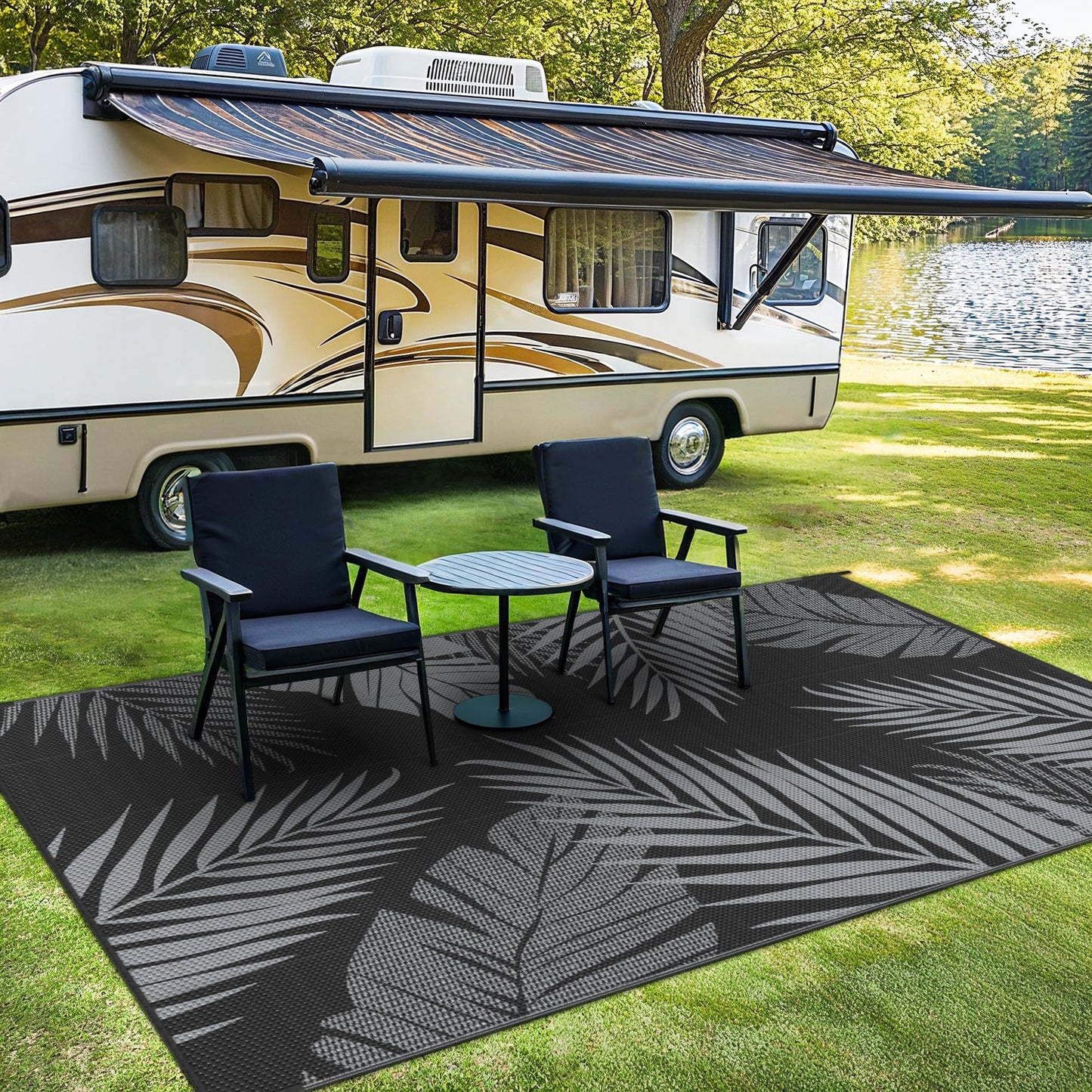 sarben Outdoor Rug 8’x10’ Waterproof for Patio Clearance, Reversible Indoor Outdoor Plastic Straw Camping Rug Carpet, RV Mat, Large Area Rug for Deck, Backyard, Balcony, Porch, Beach, Black & Grey