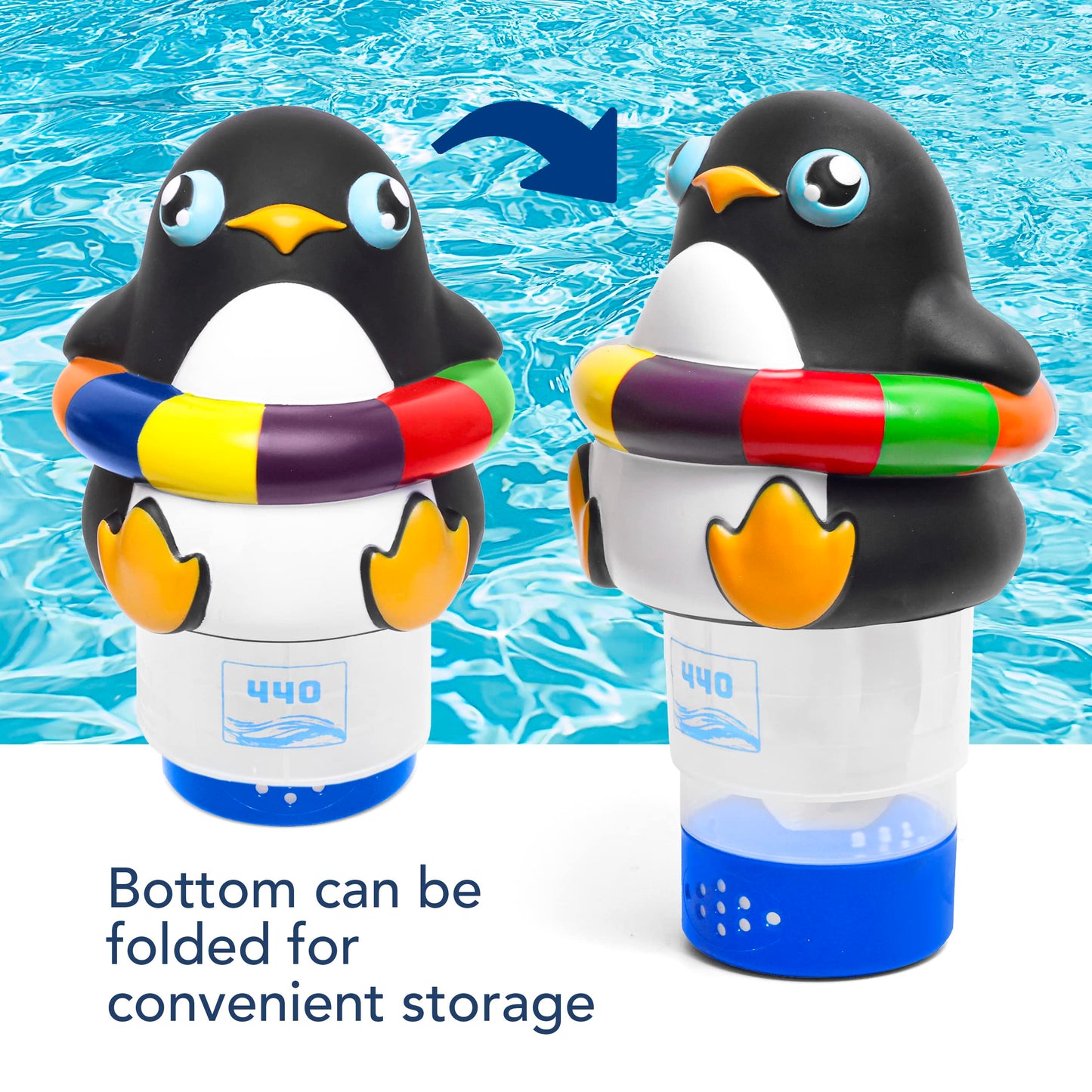 440 Pool Chlorine Floater Dispenser, Fits Up to 3 Pieces of 3-Inch Chlorine Tabs, Adjustable Flow, Control, Heavy-Duty Plastic - Suitable for Small & Large Pools - 8 Ounces | Cartoon Penguin