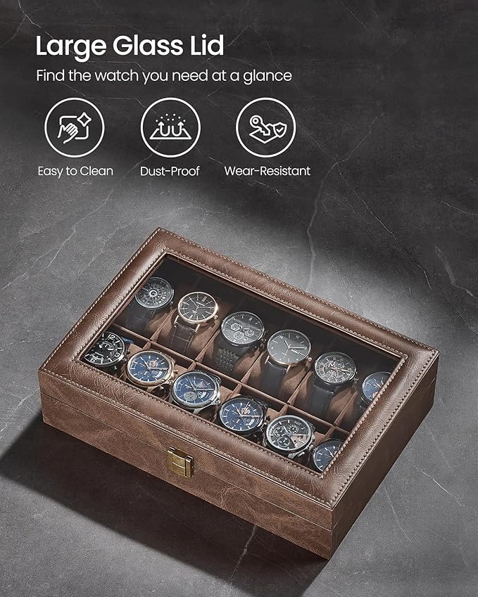 SONGMICS Watch Box, 12-Slot Watch Case Organizer with Large Glass Lid, Removable Pillows, Gift for Loved Ones, Coffee Brown Synthetic Leather, Coffee Brown Lining UJWB120KQ01S