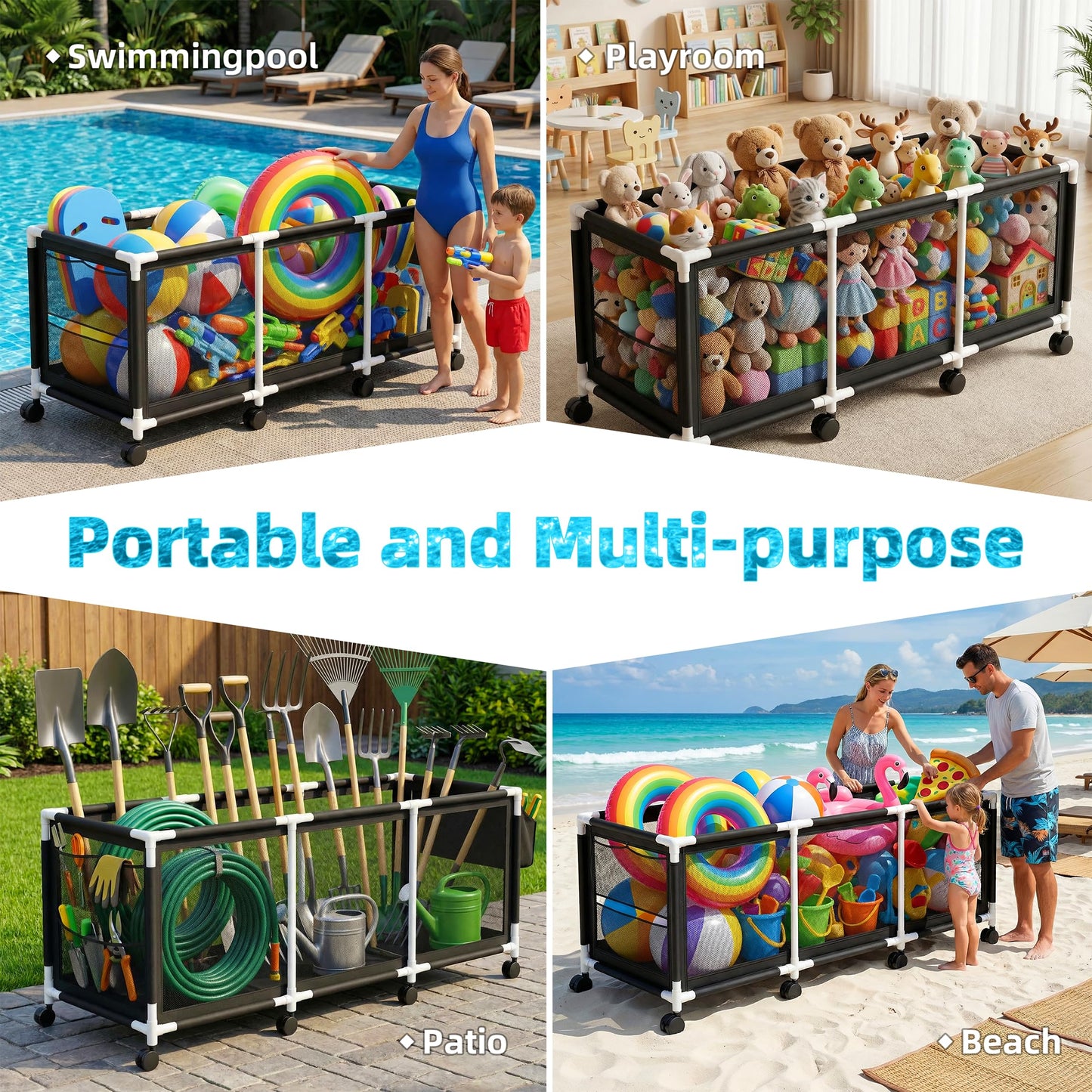 Jotesnew 365 Gallon 103" Pool Storage Bin XXXL Extra Large Swimming Pool Float Storage Bin, Pool Noodles Holder, Toys, Floats and Balls Mesh Rolling Storage Organizer Bin, 103" Lx32 Wx35 H (Black)