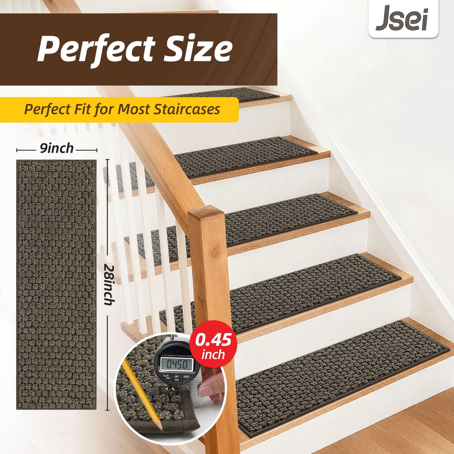 JSEI Stair Treads for Wooden Steps, 14 Pack 9" X 28" Non-Slip Machine Washable Carpet Stair Treads with TPE Backing, Soft Indoor Stair Rug Runner for Kids Elders & Pets, 100% Polyester, Greyish Brown