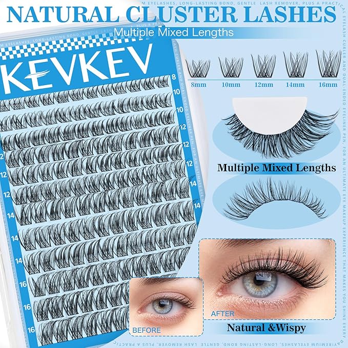 Wispy Lash Clusters Ultra-Thin Band Natural Eyelash Clusters 8-16mm Soft Cluster Eyelash Extensions Mix Length Ultra-Light Natural Look Natural Lash Clusters DIY Lash At Home(Wispy04)