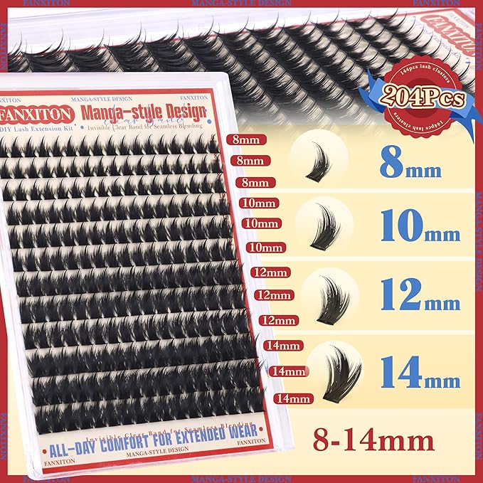 FANXITON Anime Lash Clusters 8-14mm Manga Lashes Extension Volume Cluster Eyelash Extensions Spiky Eyelash Extensions Soft Eyelash Clusters 204Pcs DIY at Home