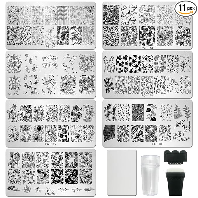AddFavor Nail Stamper Kit - 7pcs Flower Leaves Stamping Plate with Silicone Stamper and Scraper, Animal Image Nail Stencils, Design Supplies