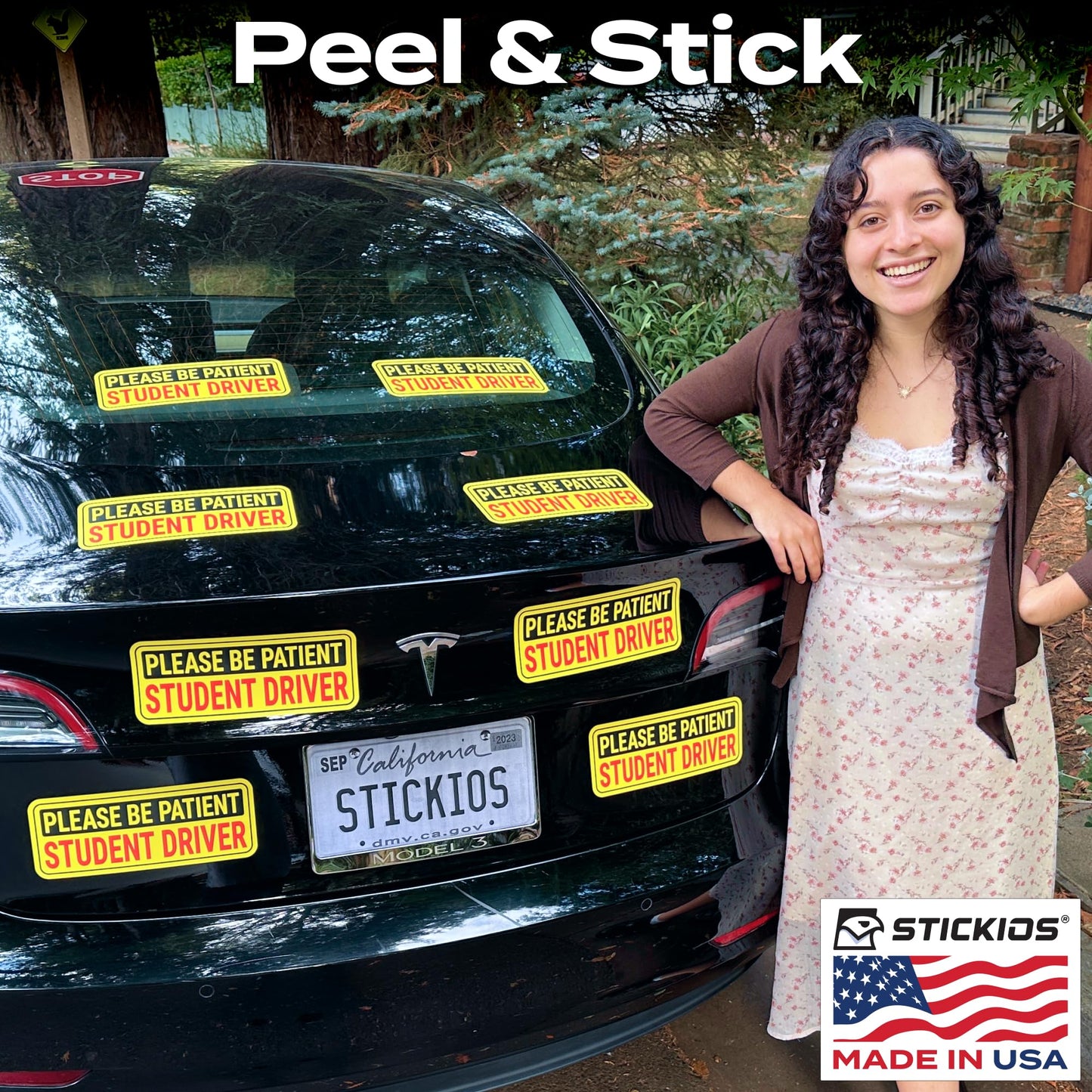 Stickios Student Driver Stickers (Non-Magnetic) for Cars & Windows - Reusable, Removable, Paint-Safe Vinyl Decals - Made in USA (10.5x4 inches, 8-Pack)