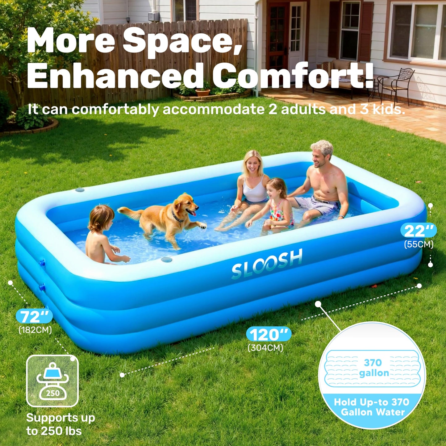 SLOOSH Inflatable Pool for Adults with Seats, 120" x 72" x 22" Full-Sized Blow Up Durable Thickened Above Ground Family Pool, Large Swimming Pools for Backyard Garden Lawn Summer Water Party, Blue