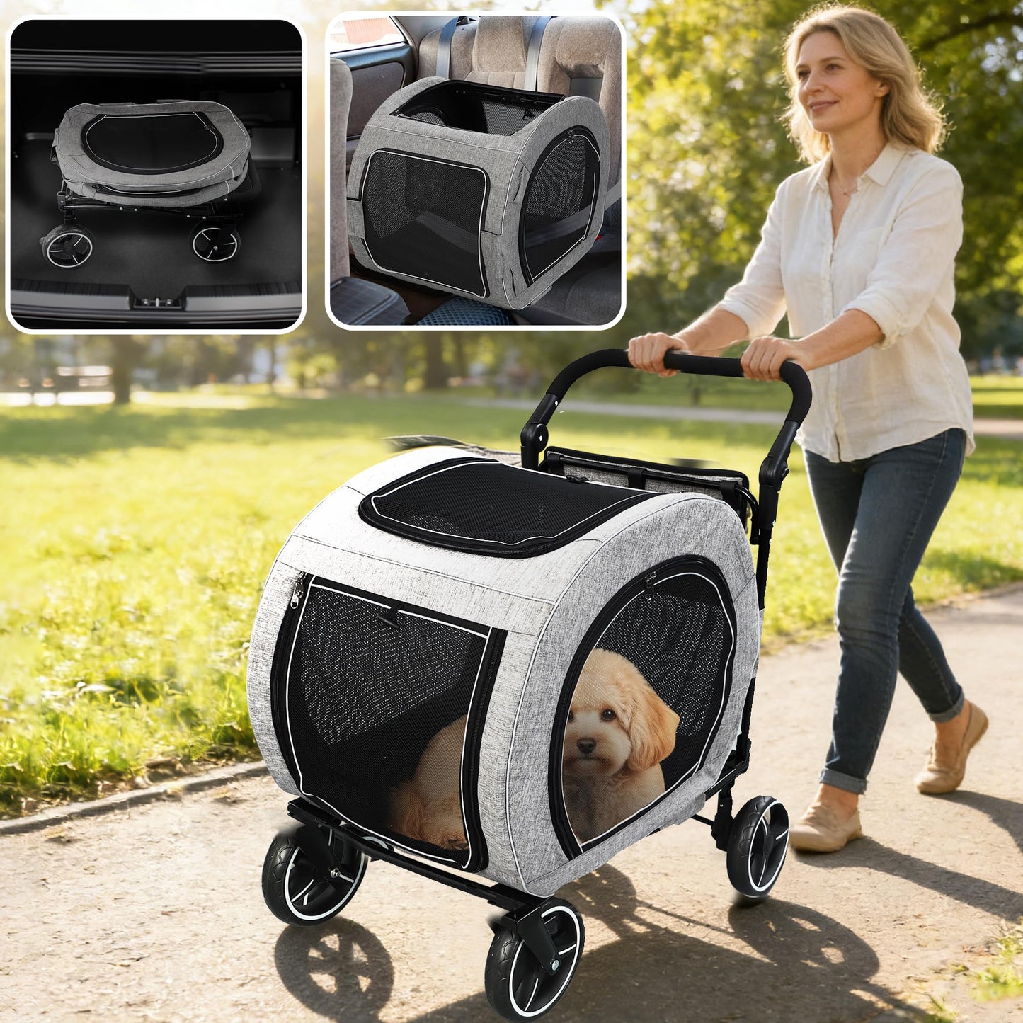 Saudism Pet Stroller for Dogs Cats up to 50 lbs, Foldable Dog Stroller with 360° Swivel Wheels, Detachable Carrier, Adjustable Handle, Travel Dog Stroller for Small Medium Large Pets, Gray