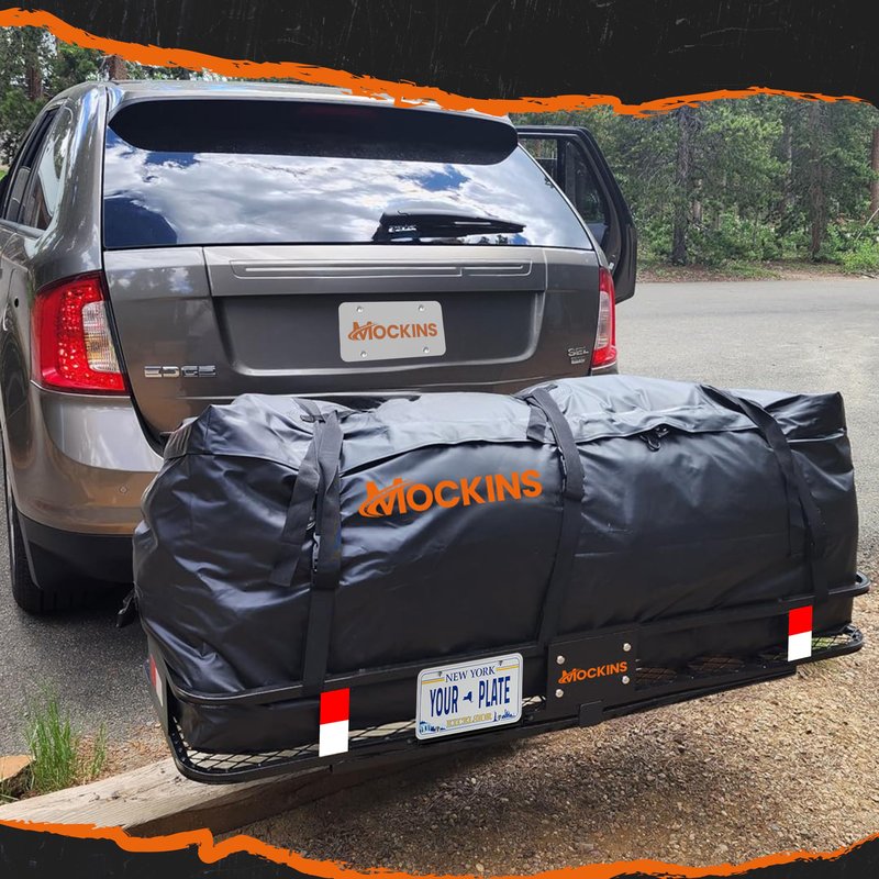 Mockins Folding Luggage Rack for SUV Car Truck ATV & More | 500 Lb. Capacity 6" Raised Shank Steel Trailer Hitch Cargo Carrier 48"x20"x6" w/ 15 Cu Ft Waterproof Cargo Bag & Accessories