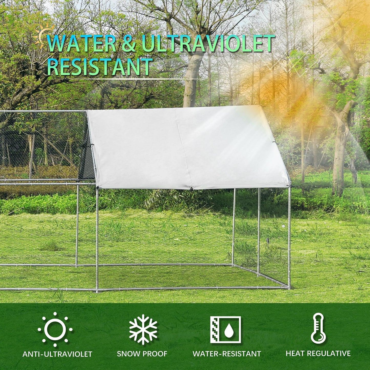 Large Metal Chicken Coop Round Top Upgrade Tri-Supporting Wire Mesh Chicken Run,Chicken Pen with Water-Resident and Anti-UV Cover,Duck Rabbit House Outdoor (Spire Roof 10’ W x 26.2’ L x 6.5’ H)