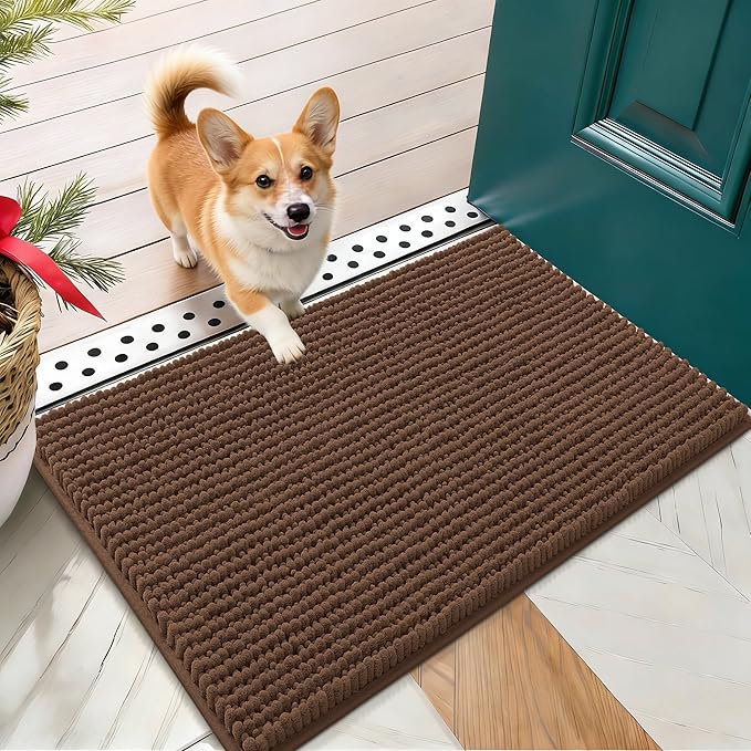 OLANLY Dog Door Mat for Muddy Paws 24x16, Ultra Absorbent Chenille Mud Doormat, Non-Slip Washable and Dirt Trapping Doormat for Indoor Entryway, Quick-Dry Indoor Pet Bed Mats for Dogs, Mocha