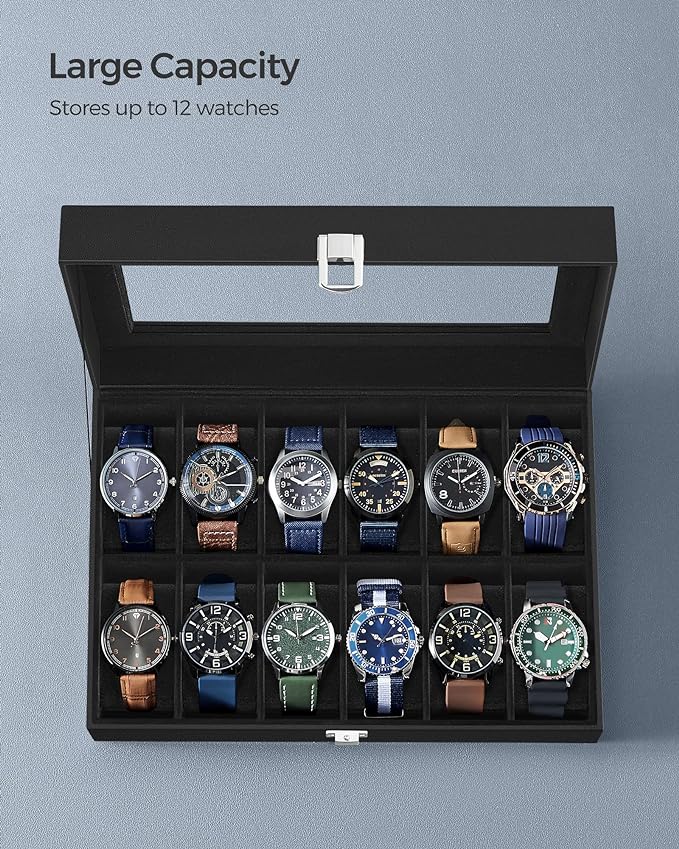 SONGMICS Watch Box, 12-Slot Watch Case Organizer with Large Glass Lid, Removable Pillows, Gift for Loved Ones, Black Synthetic Leather, Black Lining UJWB012B01