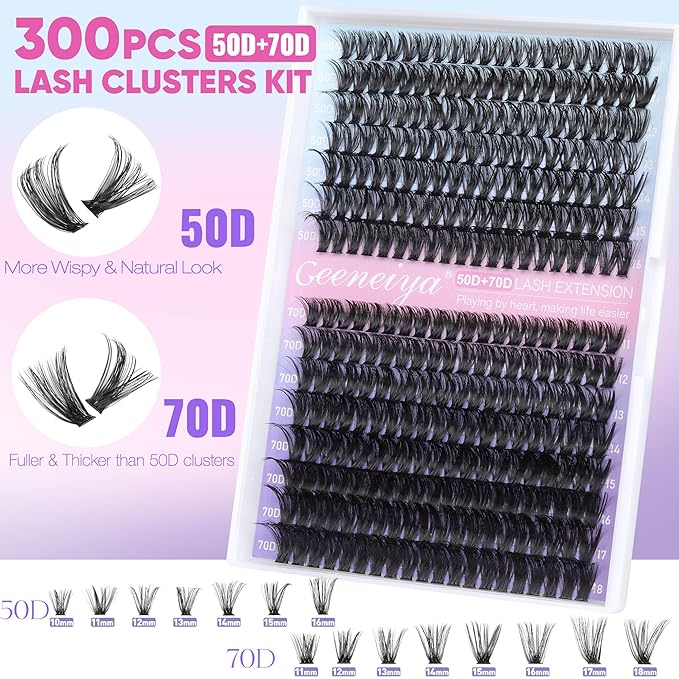 Geeneiya Wispy Lash Clusters Kit 50D+70D Lash Extension Kit 10-18mm Cluster Eyelash Extensions Kit Natural Individual Lashes Kit with Waterproof Lash Bond and Seal Glue Lash Tweezers for Beginners