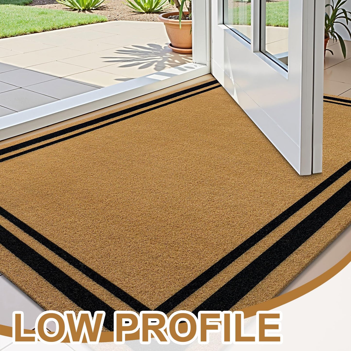 OLANLY Front Door Mat, Low Profile Doormat, Stain and Fade Resistant, Easy to Clean, for Indoor and Outdoor Entrances, Patio Porch or Entryway, Brown (59x34 Inch, Classic Border)