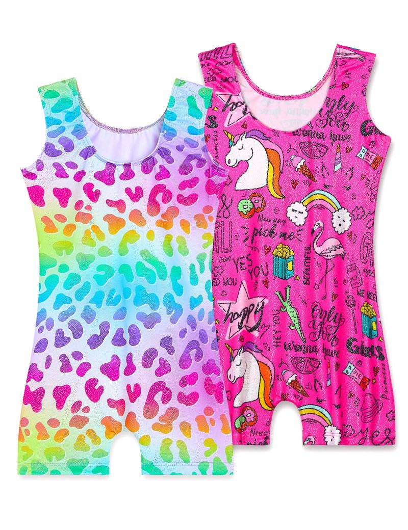 Nokecina Leotard for Girls Gymnastics 2t 3t Rainbow Leopard Hotpink Cartoon Unitards 2 Pack One Piece Tumbling Biketards