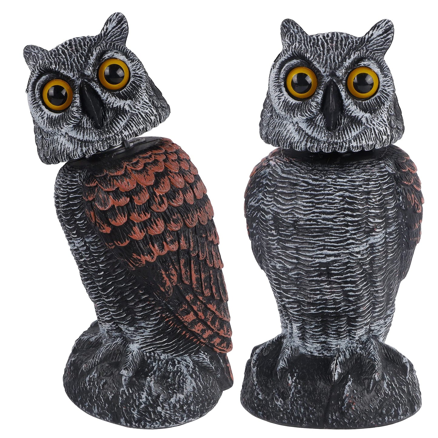 Hausse 2 Pack Fake Owl Decoys to Scare Birds Away, Rotating Head Plastic Owl Bird Deterrents, 10.6 Inch Height Bird Scarecrow Nature Enemy Horned Pest Repellent for Outdoor Garden Yard