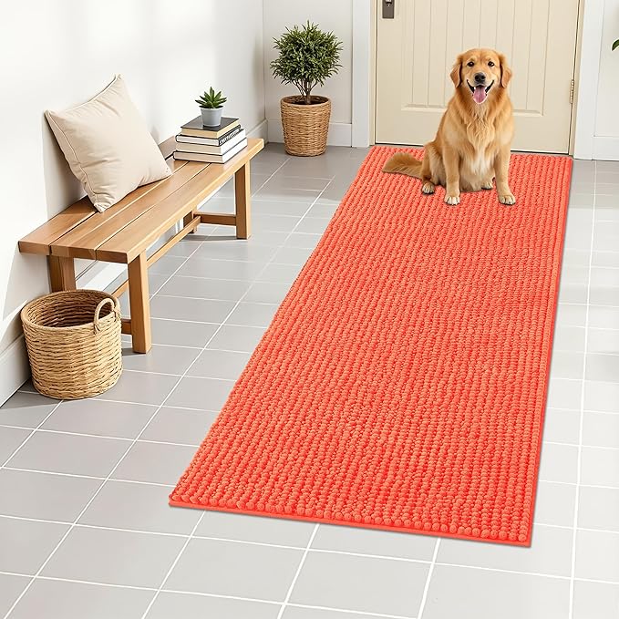 OLANLY Dog Door Mat for Muddy Paws 47x24, Ultra Absorbent Chenille Mud Doormat, Non-Slip Washable and Dirt Trapping Doormat for Indoor Entryway, Quick-Dry Indoor Pet Bed Mats for Dogs, Coral