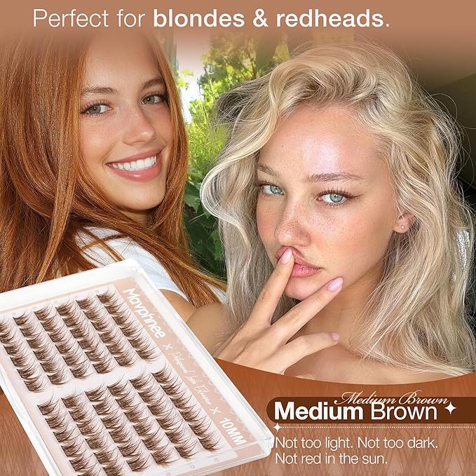 10MM Brown Lash Clusters Wispy Eyelash Extensions with Flexible Clear Band & C Curl, Reusable Natural Cluster Lash Extensions for Everyday Natural & Clean Girl Look