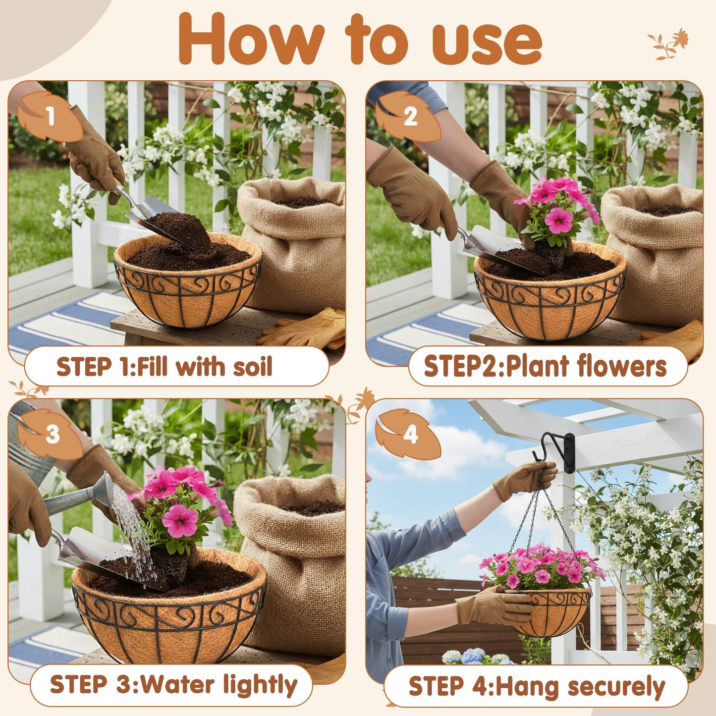 12 inch Metal Hanging Baskets For Plants Outdoor 4 Pack Round Metal Wire Hanging Basket Planter with Coco Fiber Liners Chain Round Wire Plant Holder for Garden, Patio, Deck, Porch Plants Flower Potss