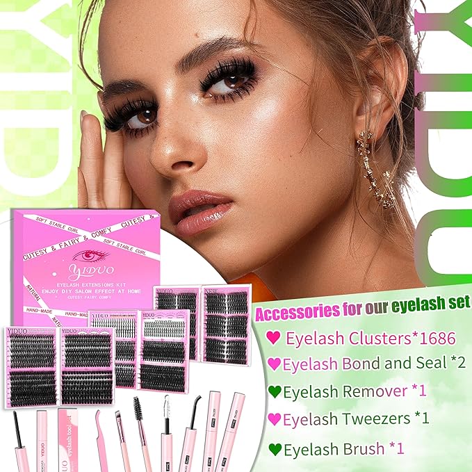 YIDUO 6 Box Mix Lashes Clusters Kit Gift Packs 1686Pcs with 2X Bond&Seal Volume Mega/Bottom Soft Extension False Eyelash Wispy Natural DIY Individual Clusters Lash Kit for Beginners Bulk Pack