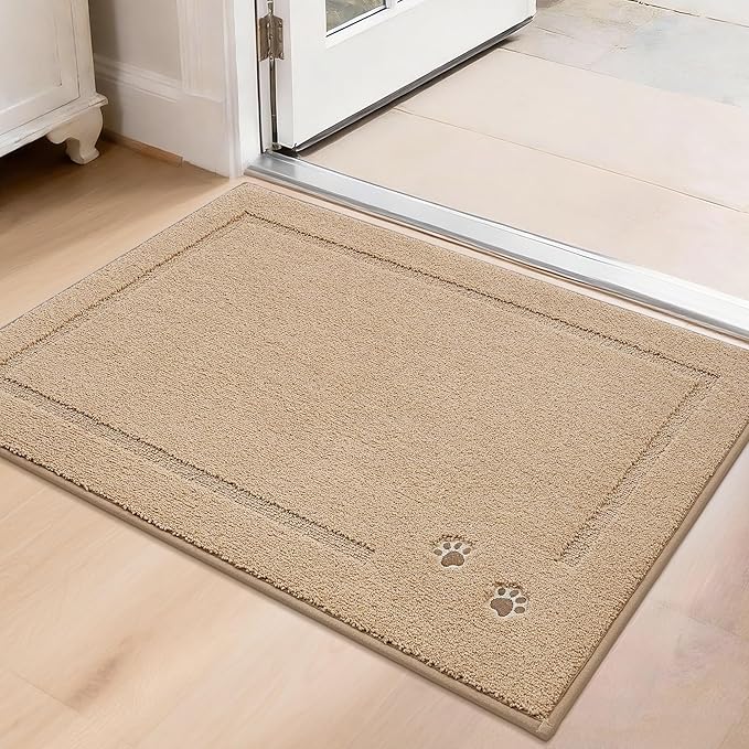 BEQHAUSE Dog Door Mat for Mud Paws Dirt Trapper Doormat Non-Slip Entryway Rugs Absorbent Welcome Mat Washable Indoor Floor Mat Low-Profile for Front Door, 20" x 32", Beige