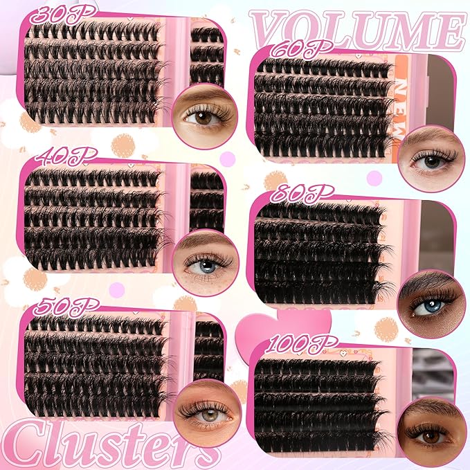 Fluffy Lash Clusters Kit Wispy Lash Clusters 595Pcs Individual Lashes Clusters Thin Band Lash Extension Kit Lash Glue and Lash Tweezers