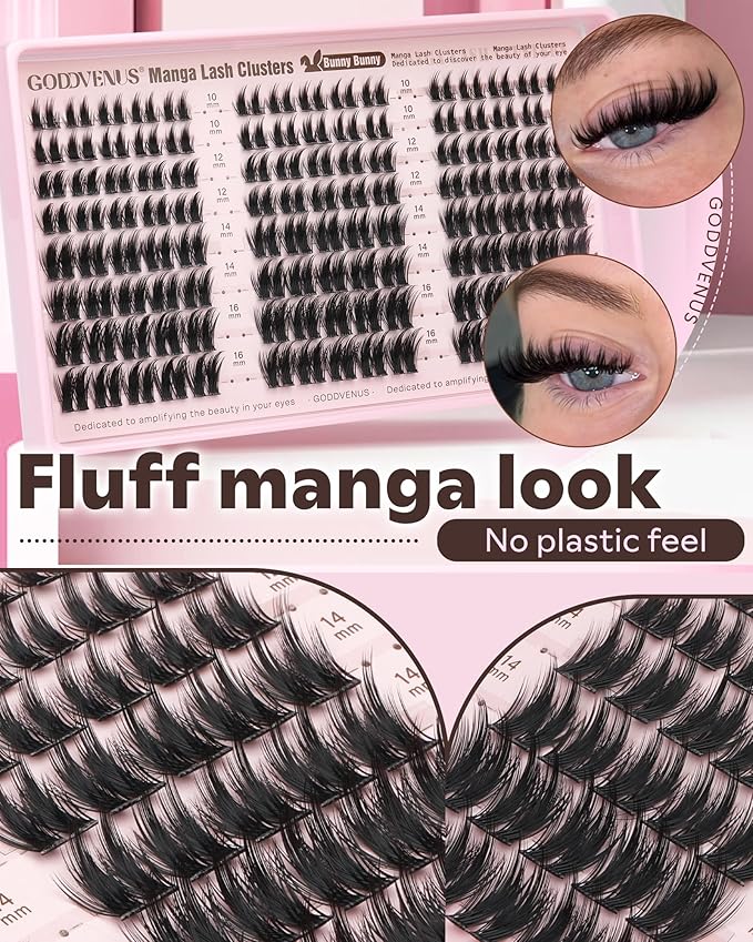 Fluffy Manga Lash Clusters Kit, Natural Wispy Cluster Eyelash Extensions, DIY Lash Extension at Home For Dolly Anime Look, Fairy Individual Lashes Kit with Waterproof Bond and Seal