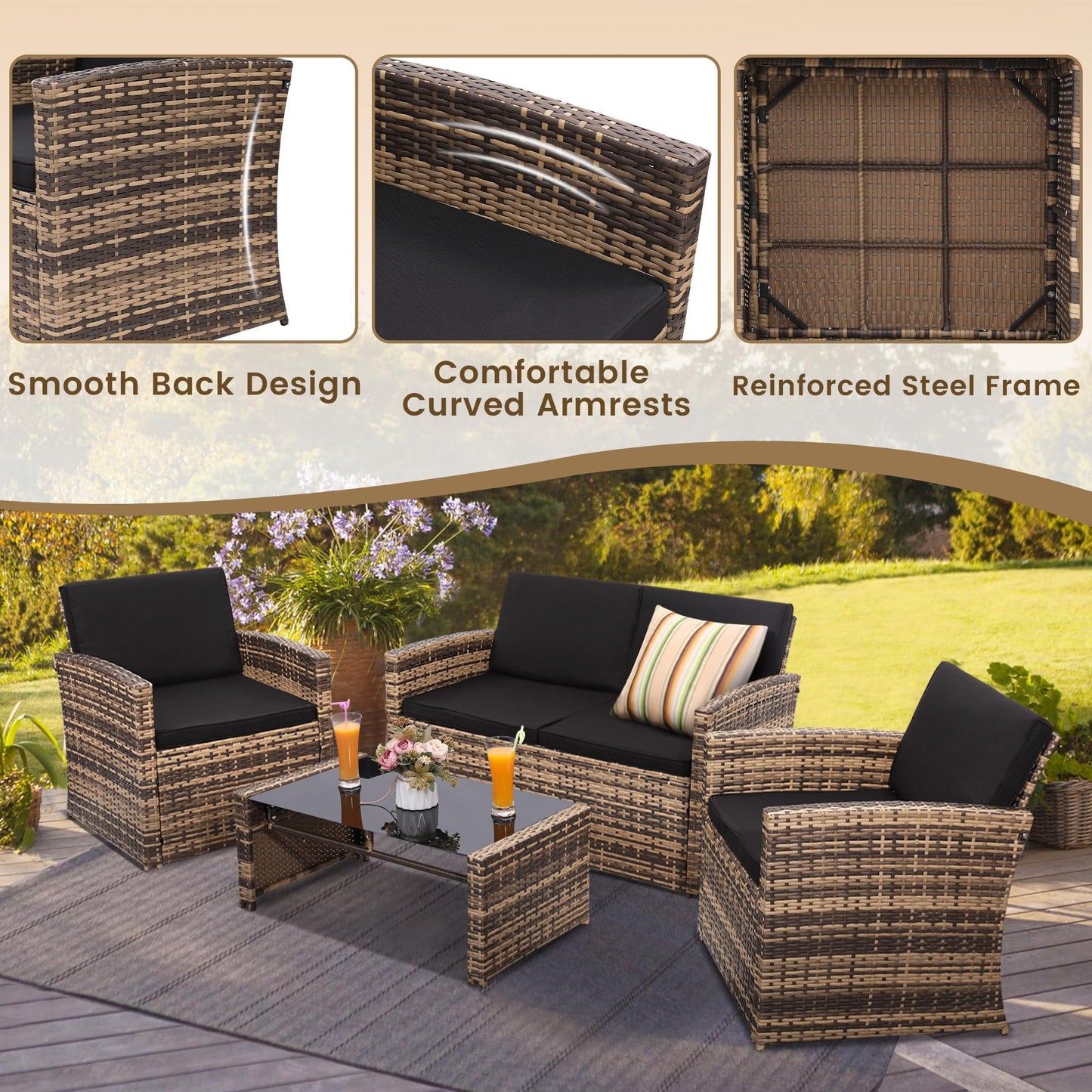 KROFEM 4-Piece Patio Furniture Set, Wicker Outdoor Rattan Sectional Sofa with Cushions and Glass Table, All-Weather Outdoor Conversation Set for Garden, Porch, Backyard, Patio, Black