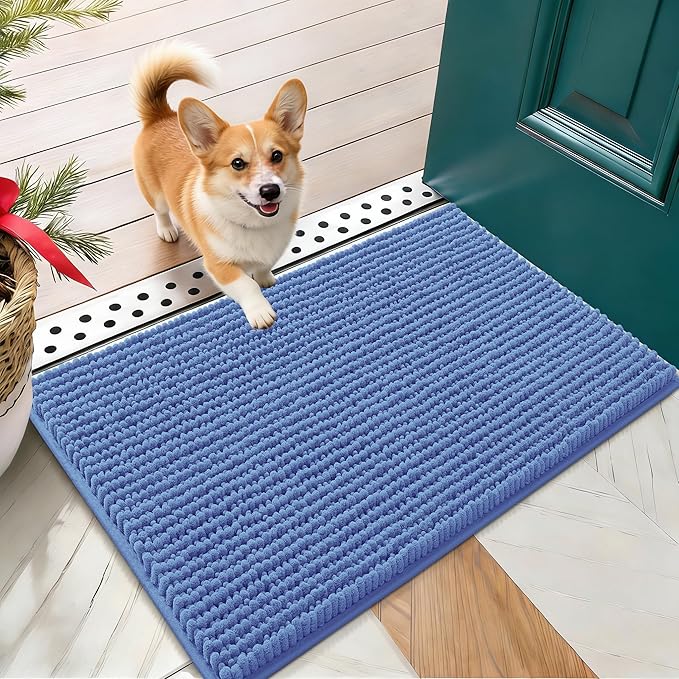 OLANLY Dog Door Mat for Muddy Paws 24x16, Ultra Absorbent Chenille Mud Doormat, Non-Slip Washable and Dirt Trapping Doormat for Indoor Entryway, Quick-Dry Indoor Pet Bed Mats for Dogs, Cornflower Blue