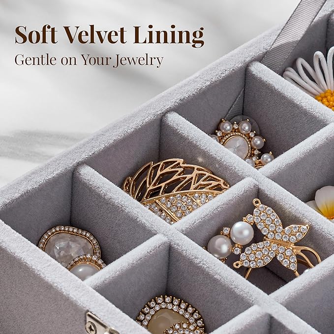 48 Grid Earring Organizer and Storage: Velvet Jewelry Tray with Lid, Jewelry Box for Studs, Earrings, Rings, Necklaces, Dresser & Vanity, Earrings Case Organizer for Girls, Women, 13"x8.6"x2.4", Grey