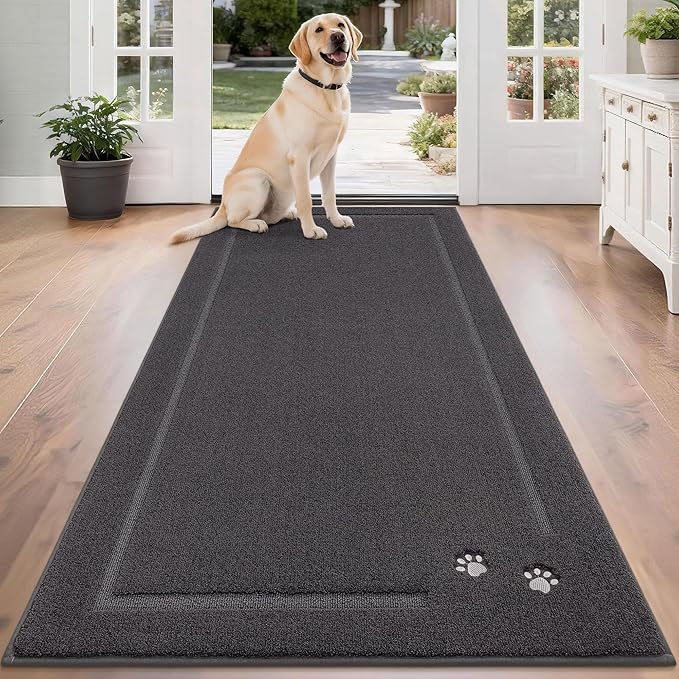BEQHAUSE Dog Door Mat for Mud Paws Dirt Trapper Doormat Non-Slip Entryway Rugs Absorbent Welcome Mat Washable Indoor Floor Mat Low-Profile for Front Door, 32" x 70", Dark Grey