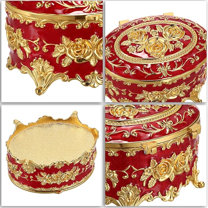 Hipiwe Oval Jewelry Box Classic Metal Trinket Organizer Ring Storage Box with Rose Pattern Jewelry Storage Box for Ring Earrings Necklace, Gift for Women, Red