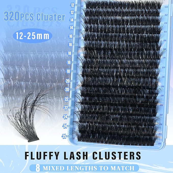 Lash Clusters 80D Eyelash Extensions 12-25MM Wispy Individual Lashes D Curl Eyelash Clusters Plant Fibers DIY Lash Extension,by Yaiseiko(320Pcs,Matte Black)