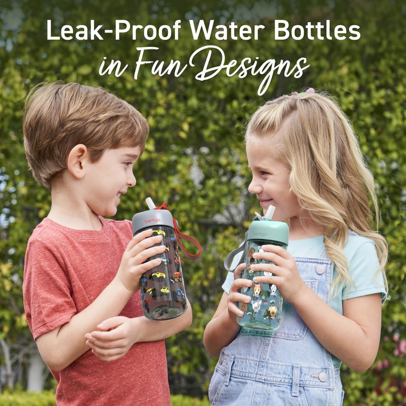 Bentgo Kids Water Bottle - Leak-Proof, Durable Tritan PFAS- & BPA-Free 15 fl oz, Kids/Toddlers Ages 3+ for School & Sports; Bite & Sip Spout, Carrying Handle, Dishwasher Safe (Trucks)