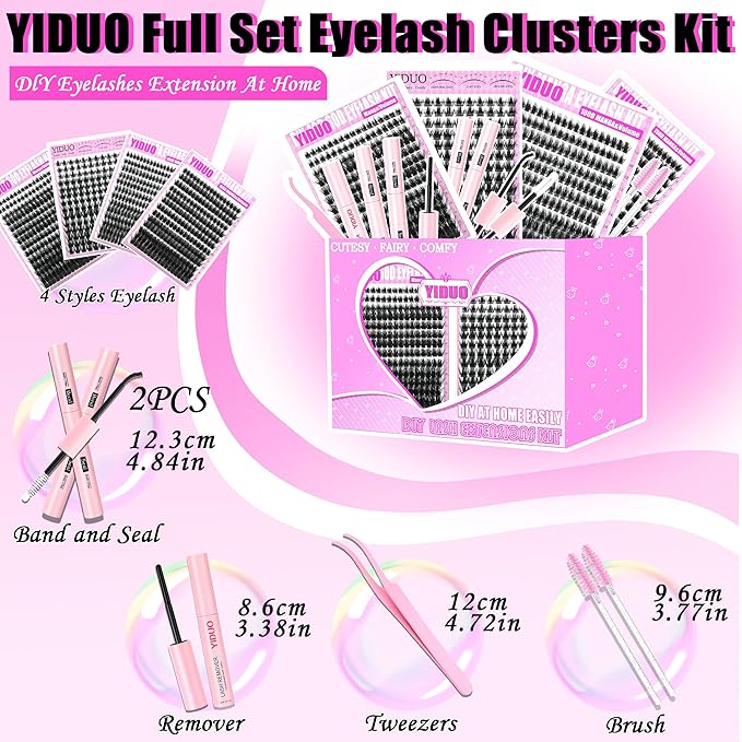 YIDUO Manga Lash Clusters Kit 4 Styles Spiky Volume Clusters Lashes Extensions Kit with 2X Bond and Seal 887Pcs Wispy Eyelash Clusters Kit Thick 100D+150D+Wide Soft Thin Band Cluster Lash Kit