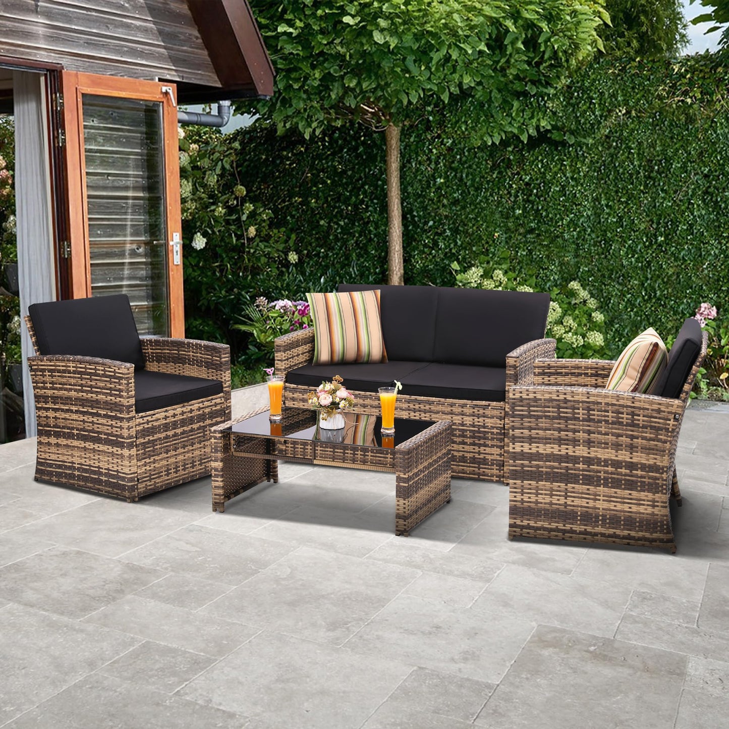 KROFEM 4-Piece Patio Furniture Set, Wicker Outdoor Rattan Sectional Sofa with Cushions and Glass Table, All-Weather Outdoor Conversation Set for Garden, Porch, Backyard, Patio, Black