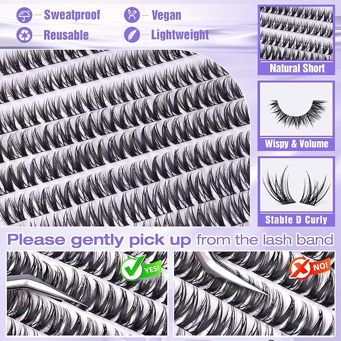 ALICE Short Lash Clusters 8-12mm Wispy Volume Eyelash Extensions Natural Thin Band Eyelash Clusters Individual Lashes DIY Lash Extensions
