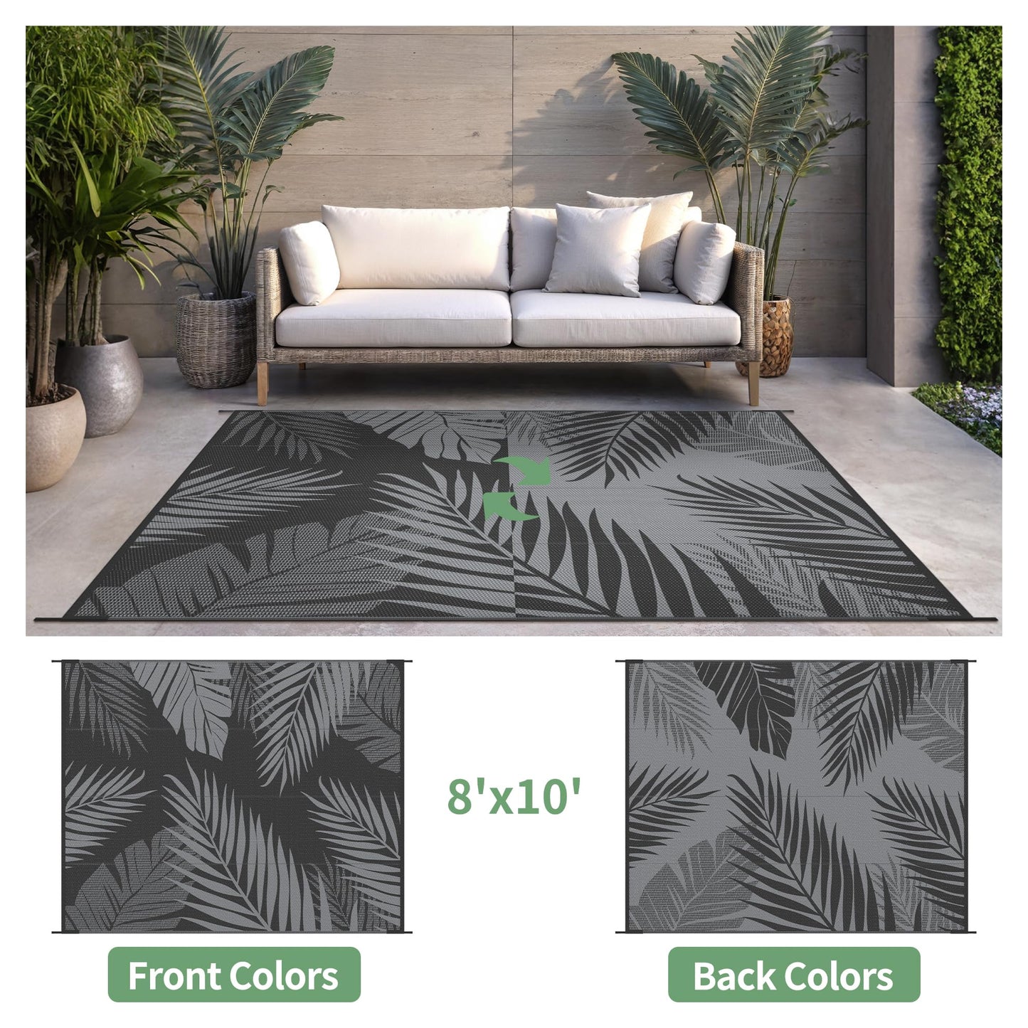 sarben Outdoor Rug 8’x10’ Waterproof for Patio Clearance, Reversible Indoor Outdoor Plastic Straw Camping Rug Carpet, RV Mat, Large Area Rug for Deck, Backyard, Balcony, Porch, Beach, Black & Grey
