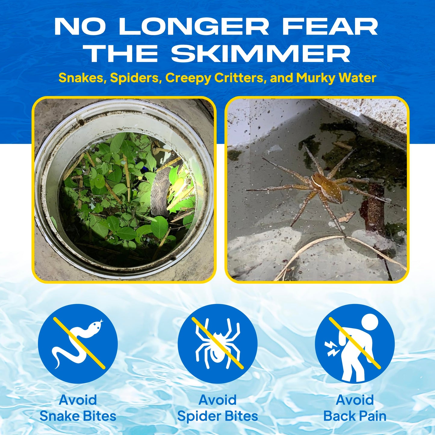 The Skimmie (Long Version) Pool Skimmer Net & Pole 53" with Stainless Steel Hook, Two Skimmer Basket Handles, Fine Mesh Net & Skimmie Dip - Hands-Free Removal of Debris, Bugs, Frogs, Small, Animals