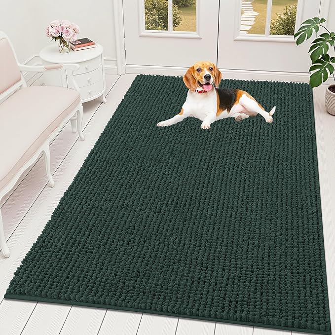 OLANLY Dog Door Mat for Muddy Paws 70x46, Ultra Absorbent Chenille Mud Doormat, Non-Slip Washable and Dirt Trapping Doormat for Indoor Entryway, Quick-Dry Indoor Pet Bed Mats for Dogs, Blackish Green