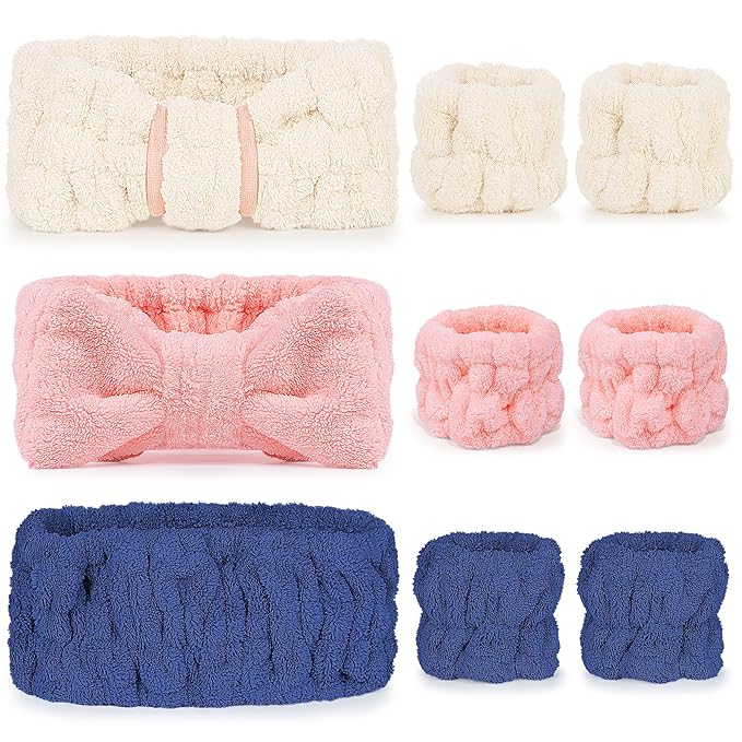 9 Pcs Spa Headband for Washing Face,Skincare Headband and Wristband Set,Women Teen Girls Facial Hairbands for Washing Face, Makeup, Sports, Yoga (beige + dark pink + navy)