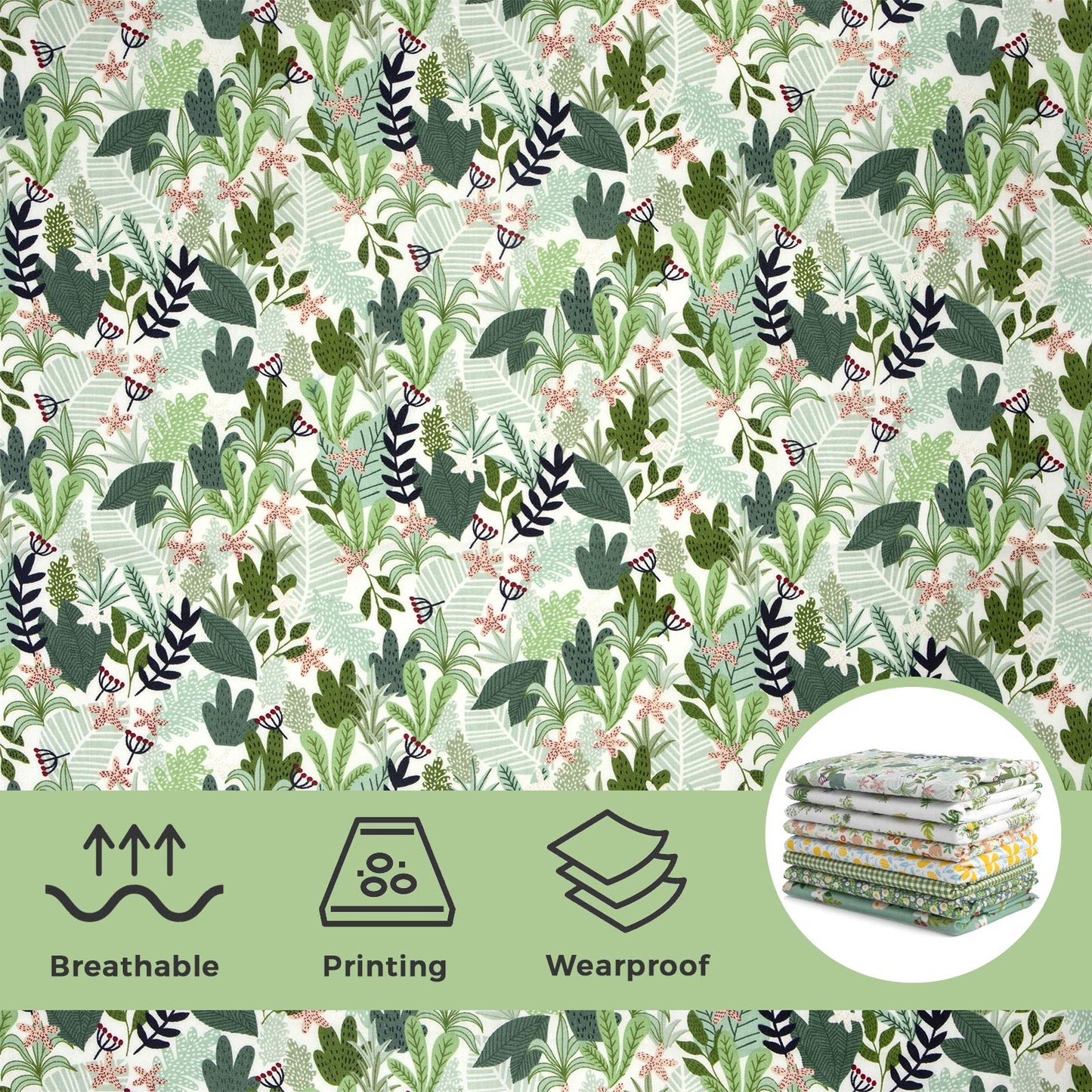 Aubliss 8pcs Fat Quarter Fabric Bundles 20'' x 20'' Cotton Craft Fabric Pre-Cut Squares Sheets for Patchwork Sewing Quilting Crafting(Green Floral)