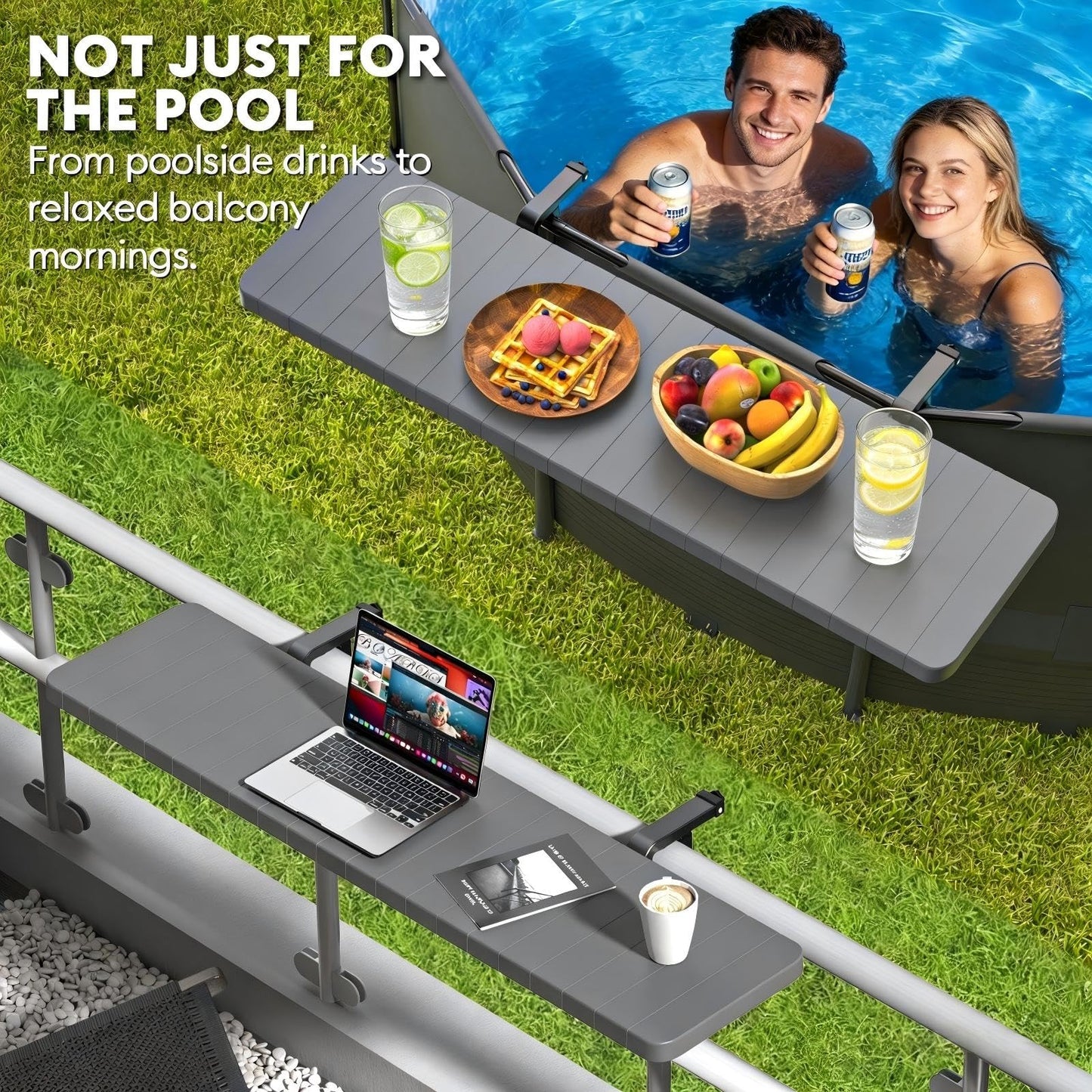 Hyperzoo Pool Bar for Above Ground Pools, Stable Poolside Drink & Snack Table Supports Up to 110 lbs, Rust-Free ABS Poolside Bar Fits ≤4.4” Rails for Framed Round & Oval Pools, Ideal for Pool Parties